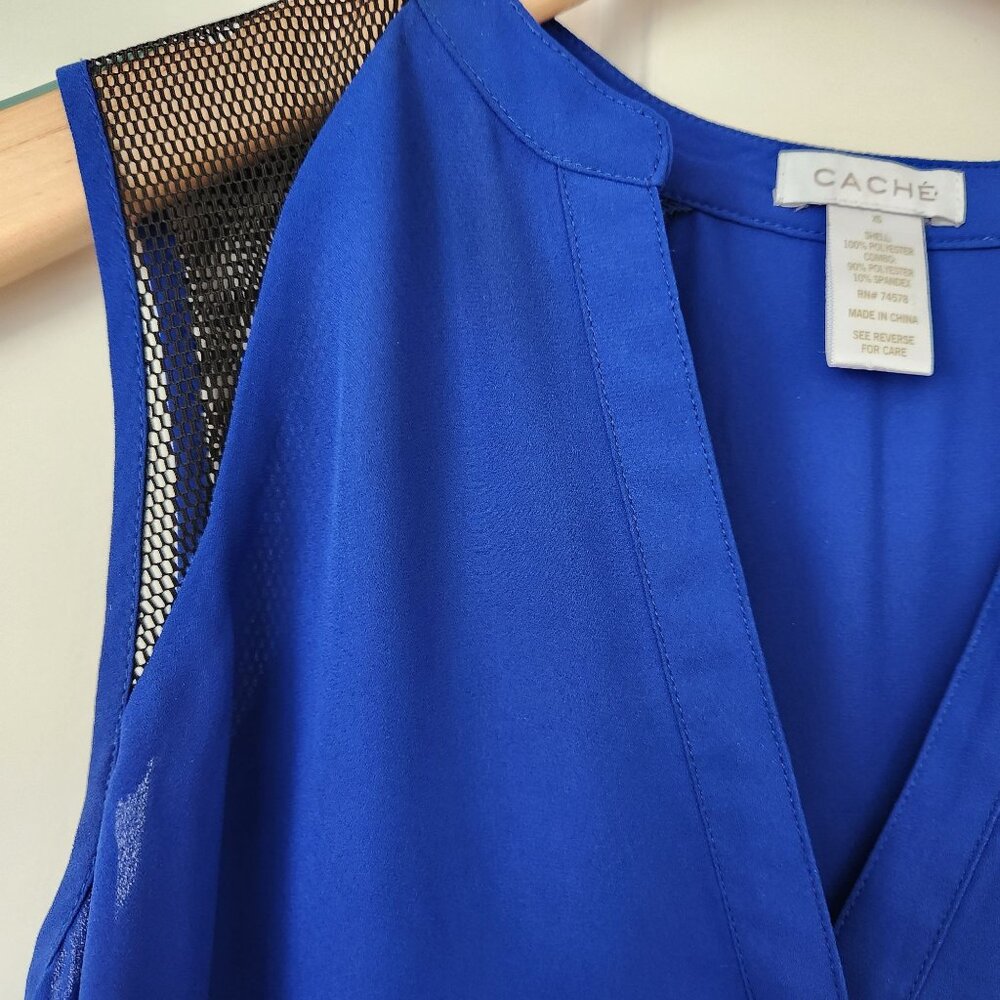 Cache Top Blouse Sleeveless Royal Blue Black Mesh Business Casual Work Edgy XS - Picture 6 of 10